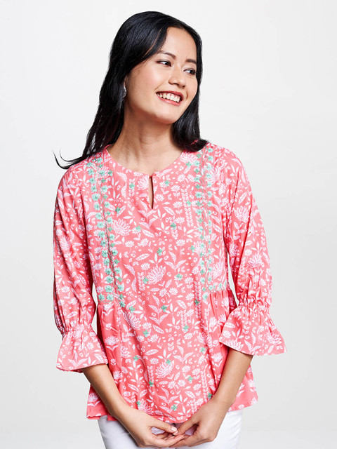 

Global Desi Women Pink & White Floral Printed Regular Top with Embroidered Detail