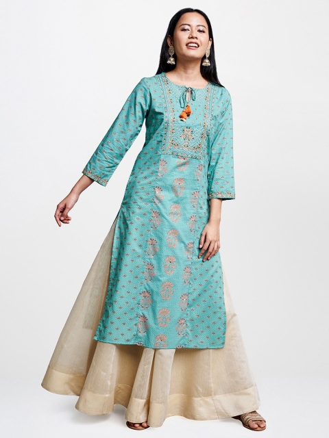 

Global Desi Women Blue & Orange Printed Straight Kurta with Embroidered Detail