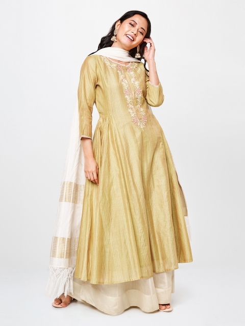 

Global Desi Women Mustard Yellow & White Striped A-Line Kurta