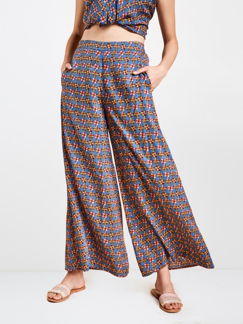 

Global Desi Women Blue & Mustard Yellow Printed Wide Leg Palazzos