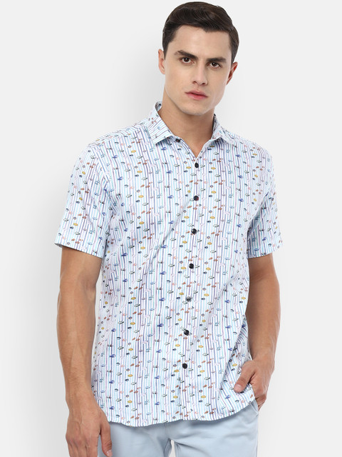 

V Dot Men Blue And Yellow Slim Fit Printed Casual Shirt