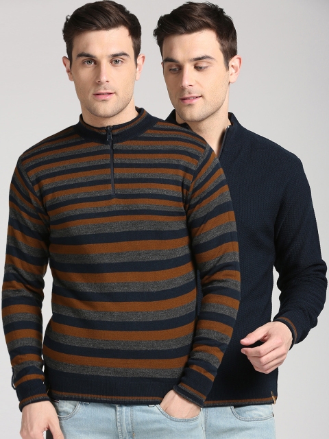 

Peter England Casuals Men Pack Of 2 Navy Blue and Coffee Brown Striped Pullover Sweater