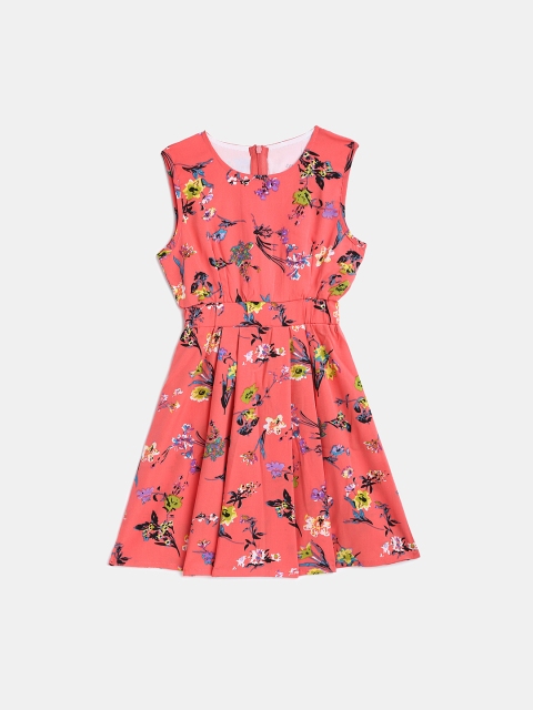 

KIDSCRAFT Girls Coral Pink Floral Printed Fit and Flare Dress