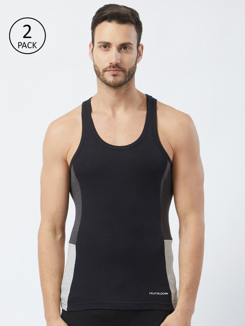

Fruit of the loom Men Pack of 2 Solid Intellifresh Innerwear Vests MFV02-A1S1, Black