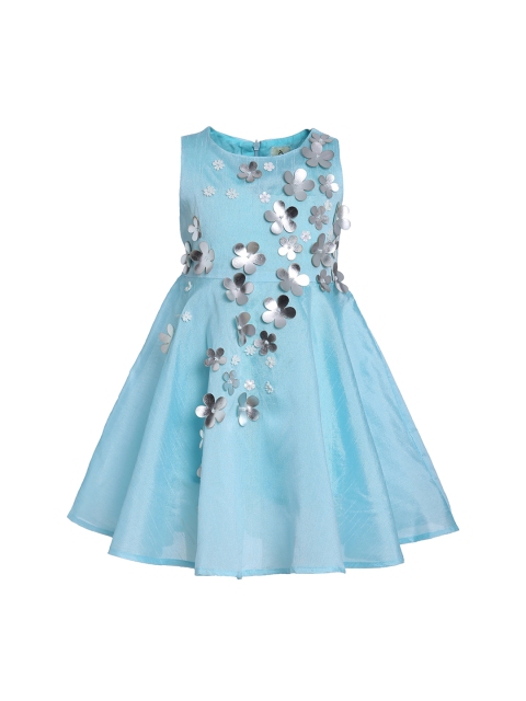 

A Little Fable Girls Blue Floral Print Fit and Flare Dress With Applique Detail