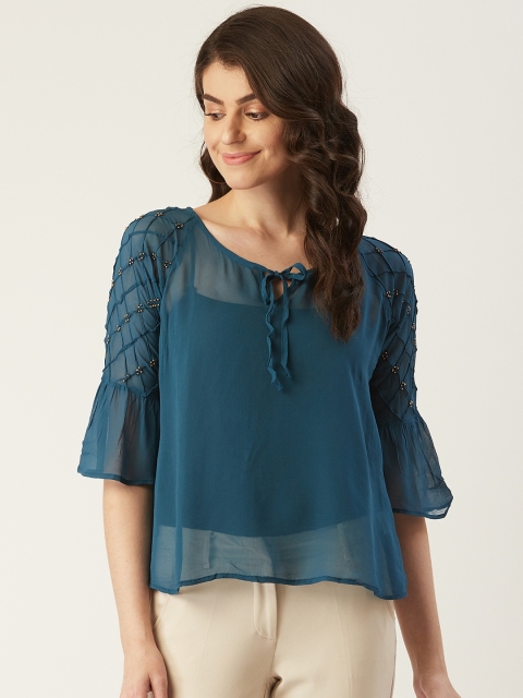 

LABEL REGALIA Women Teal Blue Sheer Solid Top