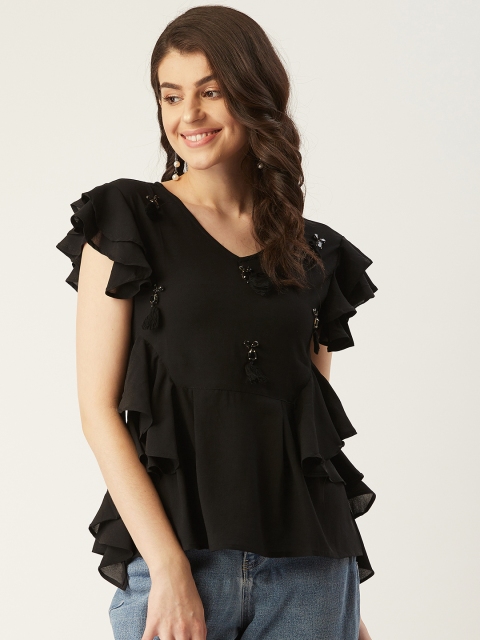 

LABEL REGALIA Women Black Handwork Embellished Ruffled A-Line Top