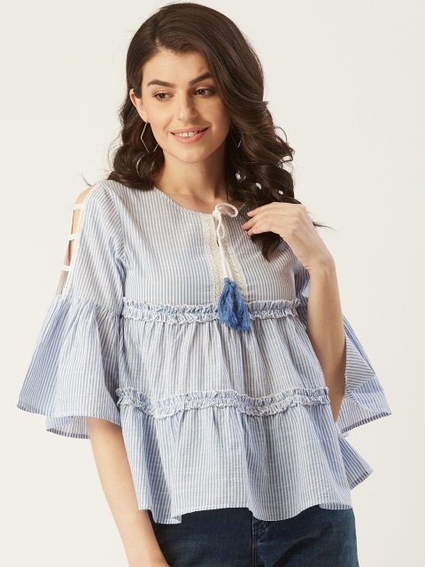 

LABEL REGALIA Women Blue Striped Tiered A-Line Pure Cotton Top