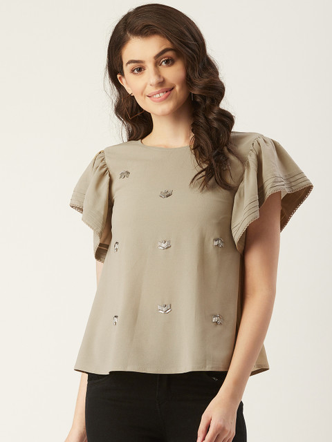 

LABEL REGALIA Women Beige Embellished A-Line Top