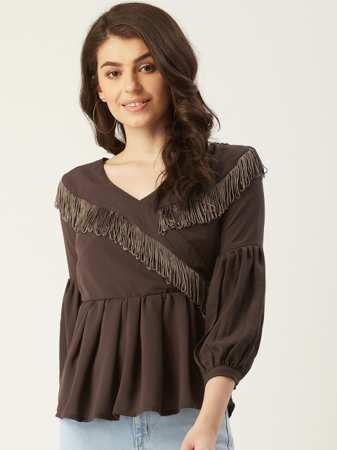 

LABEL REGALIA Women Brown Fringed Solid Wrap Top