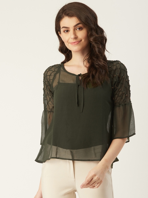 

LABEL REGALIA Women Olive Green Sheer Solid A-Line Top