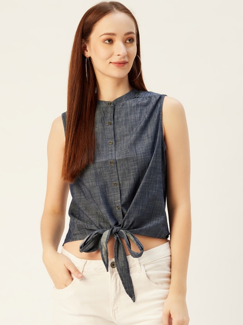 

Xpose Women Navy Blue Solid Tie-Up Denim Casual Shirt