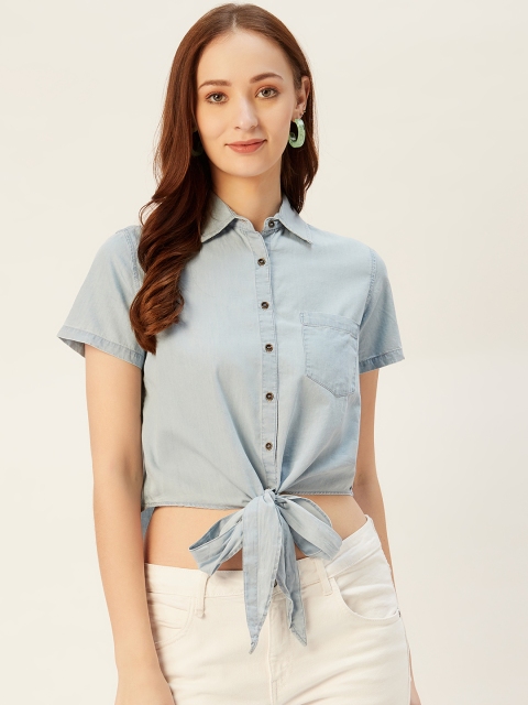 

Xpose Women Blue Solid Knotted Denim Crop Shirt