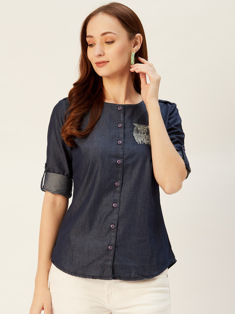 

Xpose Women Navy Blue Solid Denim Shirt Style Top