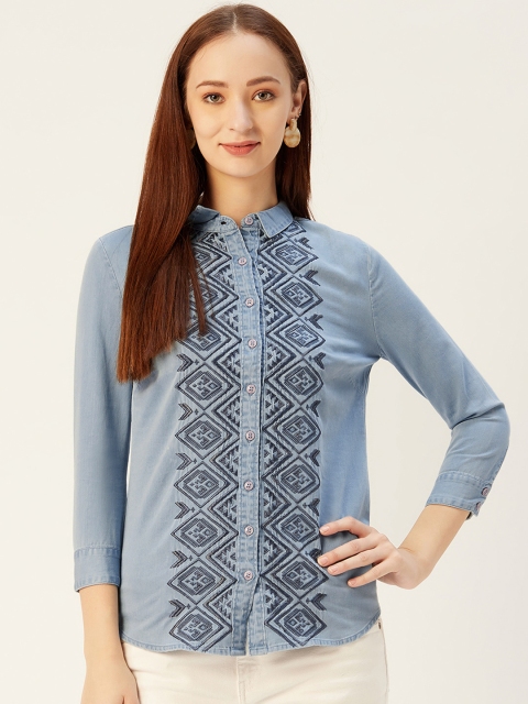 

Xpose Women Blue Embroidered Classic Regular Fit Casual Shirt