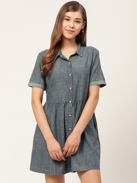

Xpose Women Blue Solid Denim Shirt Dress