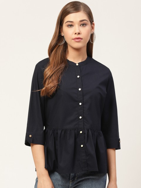 

Xpose Women Navy Blue Solid Shirt Style Top