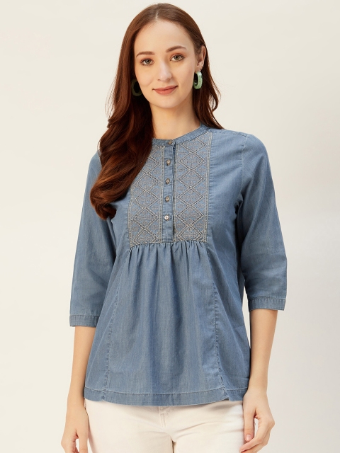 

Xpose Women Blue Solid Denim A-Line Top