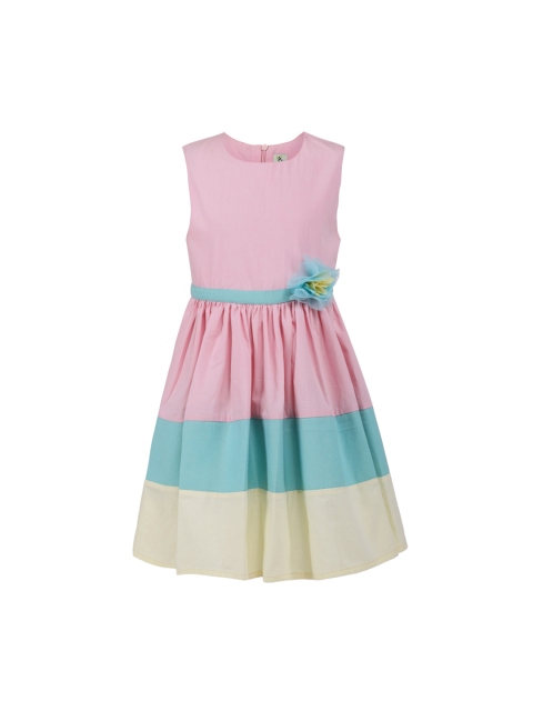 

A Little Fable Girls Pink & Green Colourblocked Fit and Flare Dress