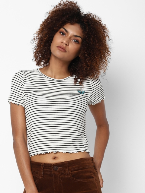 

AMERICAN EAGLE OUTFITTERS Women Off-White Striped Round Neck T-shirt