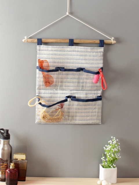 

Rajasthan Decor Off-White & Blue Striped Multipurpose Wall Hanging Organiser
