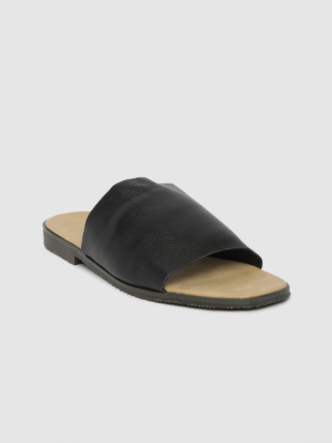 

MERAKI Women Black Solid Leather Open Toe Flats