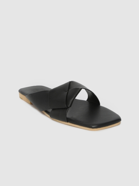 

MERAKI Women Black Solid Leather Open Toe Flats