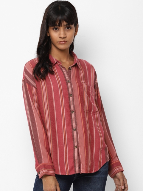 

AMERICAN EAGLE OUTFITTERS Women Red Slim Fit Striped Casual Shirt