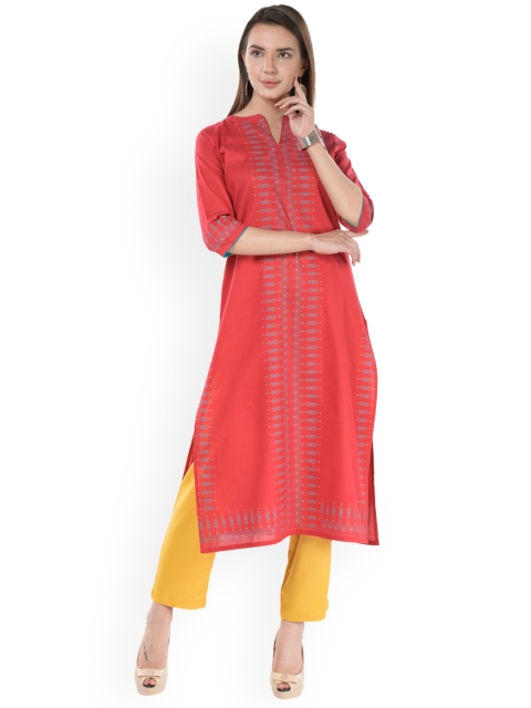

ETIQUETTE Women Red & Blue Embroidered Straight Kurta