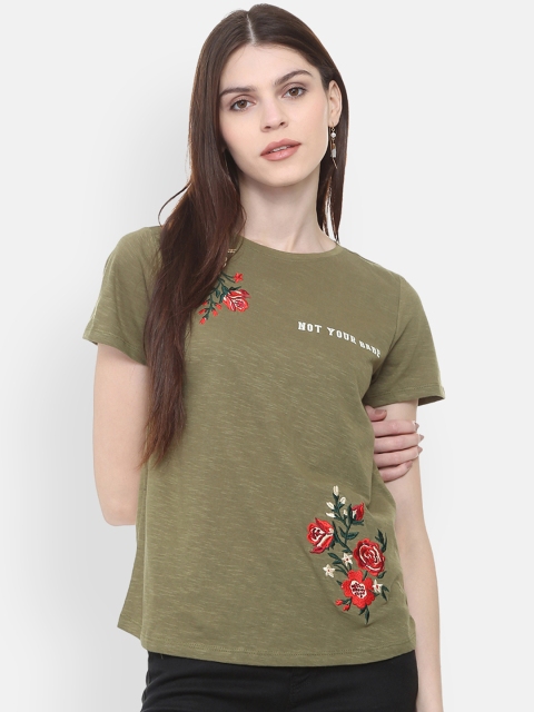 

People Women Olive Green Printed Floral Embroidered Round Neck Pure Cotton T-shirt