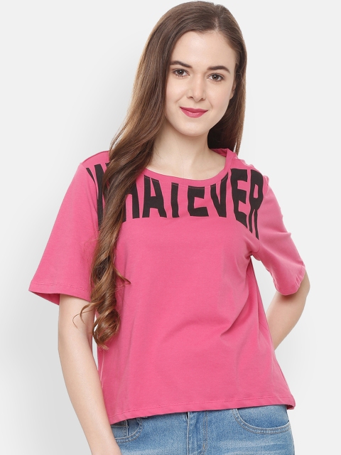 

People Women Pink & Black Printed Round Neck T-shirt