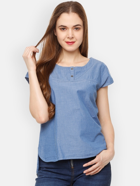 

People Women Blue Solid Pure Cotton Top