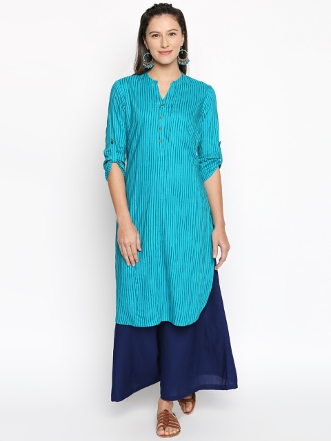 

RANGMANCH BY PANTALOONS Women Turquoise Blue Striped Straight Kurta