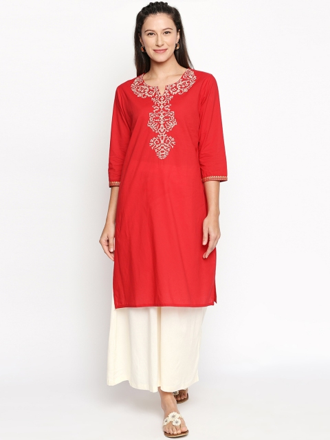 

RANGMANCH BY PANTALOONS Women Red & Beige Yoke Design Straight Kurta