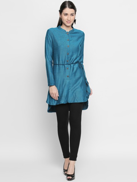 

AKKRITI BY PANTALOONS Women Teal Blue Self Design Tunic