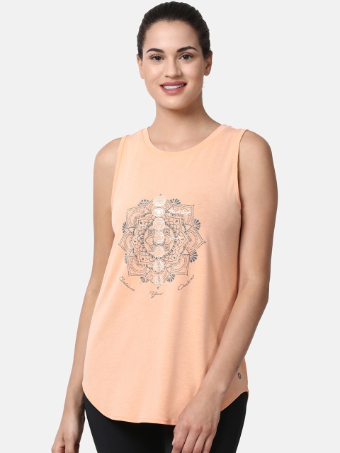 

Enamor Women Athleisure Peach-Coloured & Grey Printed Relaxed Fit Swing Tank Top