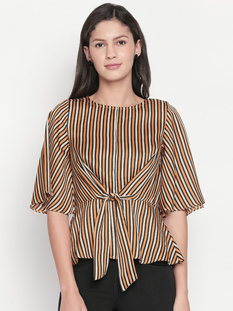 

Forever Glam by Pantaloons Women Mustard Yellow Striped Cinched Waist Top
