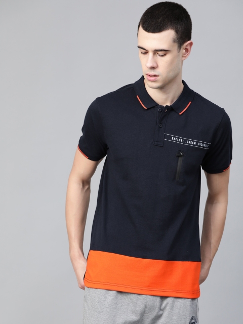 

M7 by Metronaut Men Navy Blue & Orange Colourblocked Polo Collar T-shirt