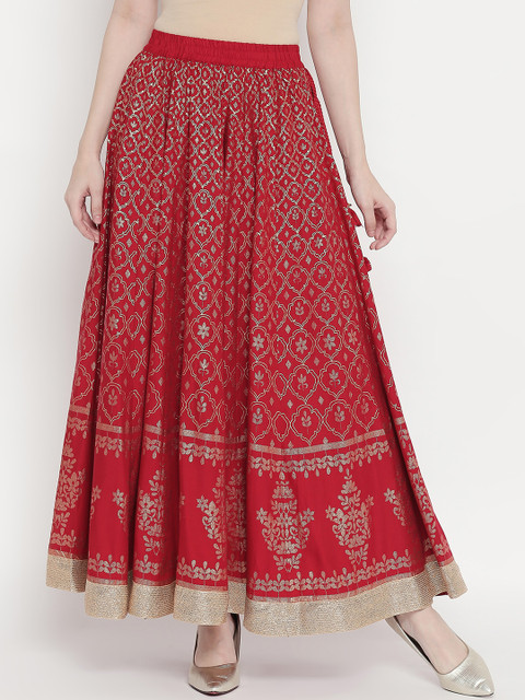 

AKKRITI BY PANTALOONS Women Red & Gold-Coloured Floral Printed Flared Maxi Skirt