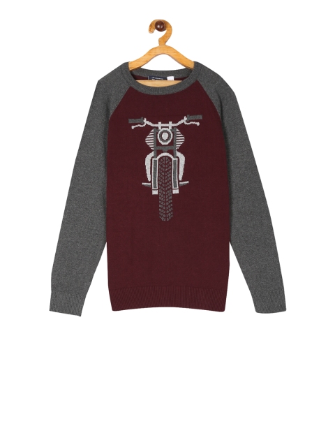 

The Childrens Place Boys Burgundy Biker Self Design Pullover Knitted Sweater