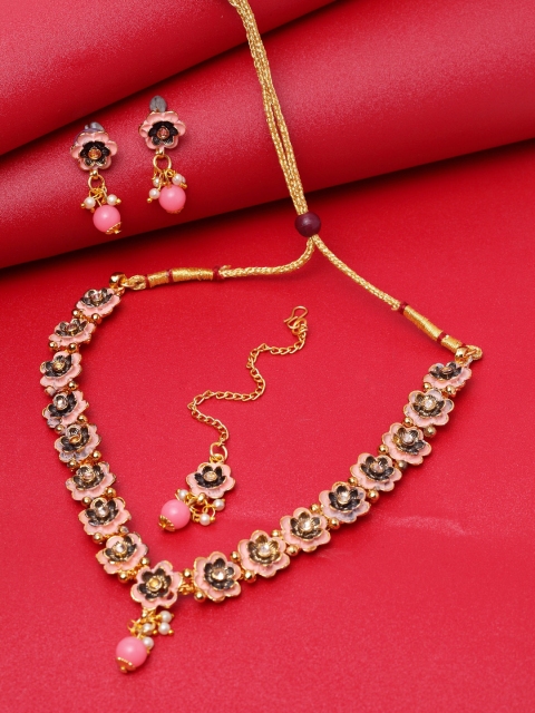 

ANIKAS CREATION Gold-Plated Pink & Black Kundan & Pearl Studded Enamelled Handcrafted Jewellery Set With Manng Tika