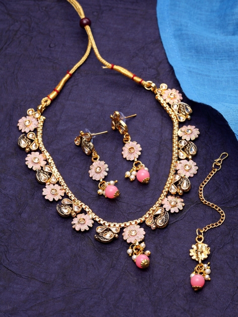 

ANIKAS CREATION Gold-Plated Pink & Beige Kundan-Studded Handcrafted Enamelled Jewellery Set