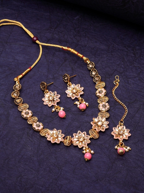 

ANIKAS CREATION Gold-Plated Pink & Beige Kundan-Studded Beaded Handcrafted Enamelled Jewellery Set