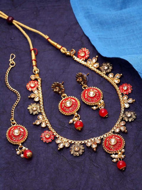 

ANIKAS CREATION Gold-Plated Red & Beige Kundan Studded Handcrafted Enamelled Jewellery Set