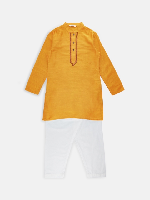 

indus route by Pantaloons Boys Mustard & White Solid Kurta with Pyjamas