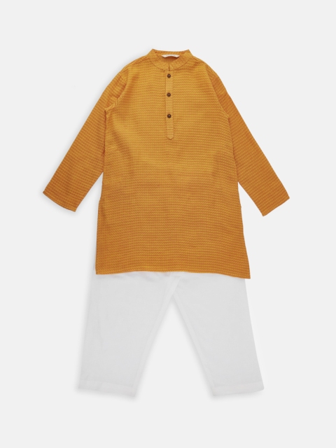 

indus route by Pantaloons Boys Mustard Yellow & White Self Design Kurta with Pyjamas