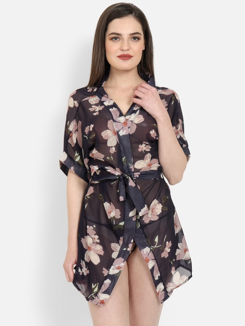 

Ms.Lingies Women Black & Pink Printed Robe With G-string Panty