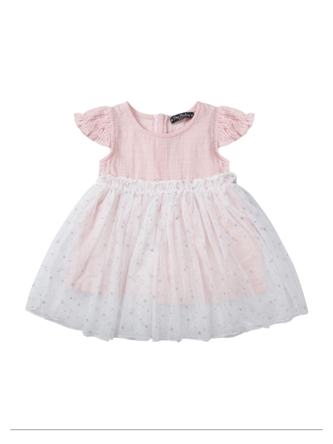 

One Friday Girls Peach & White Printed Fit and Flare Dress With Lace Detail