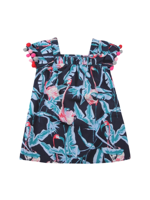 

One Friday Girls Navy Blue & Coral Tropical Print A-Line Dress