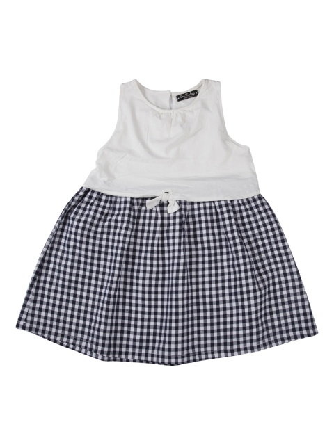 

One Friday Girls White & Black Checked Fit and Flare Dress With Tie-Up Detail